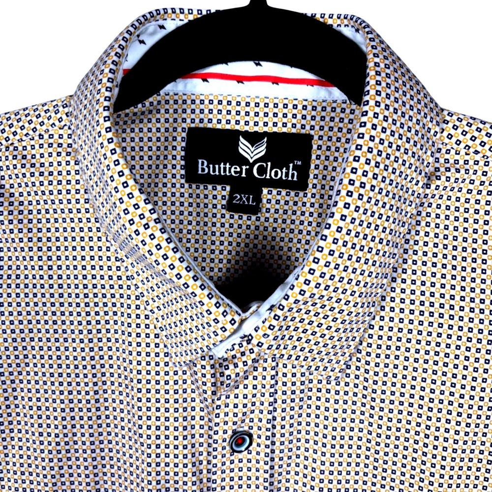 Butter Cloth Button Down Mens 2XL Yellow Navy‎ Geometric Long Sleeve Shirt